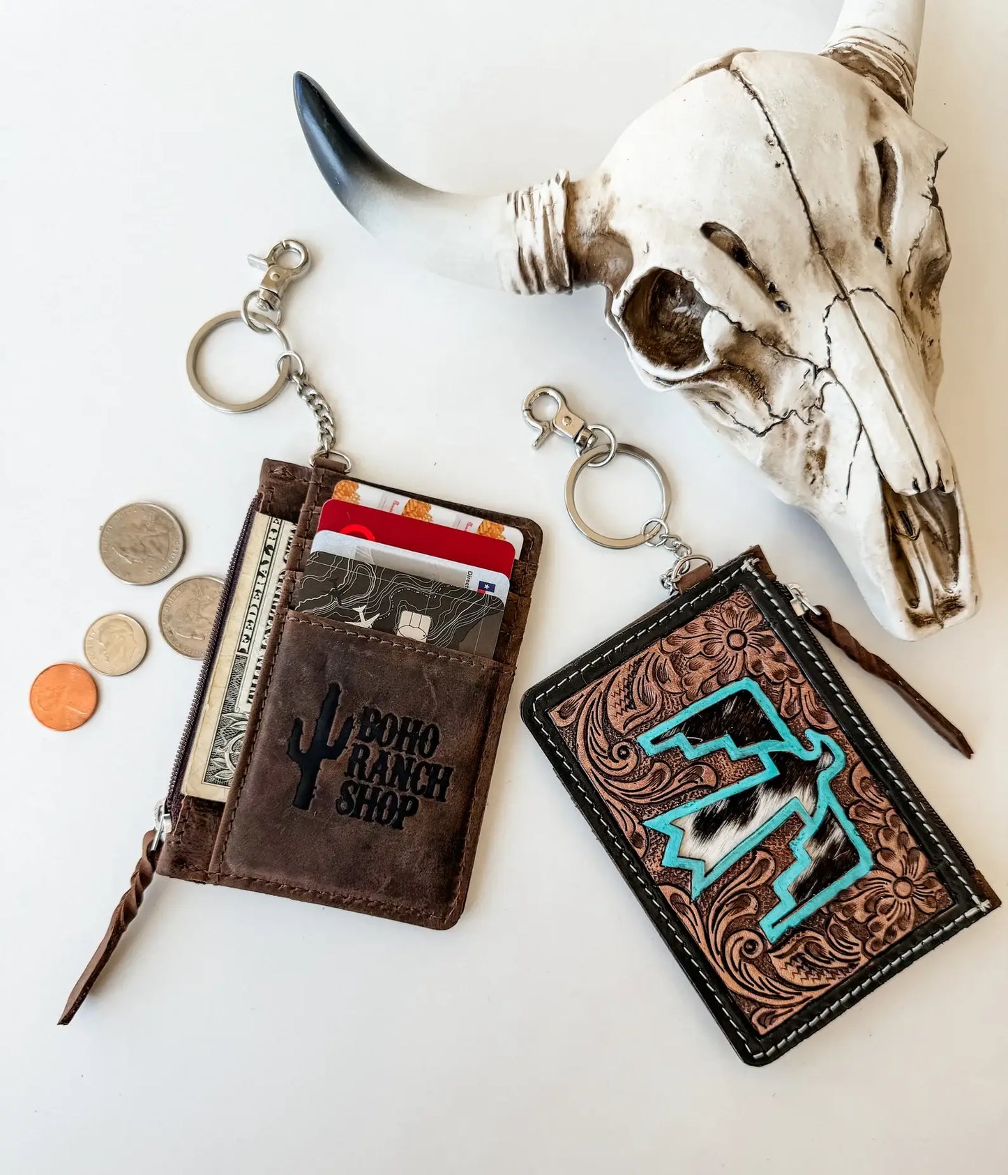 Western Cowhide Leather Keychain Wallet Longhorn