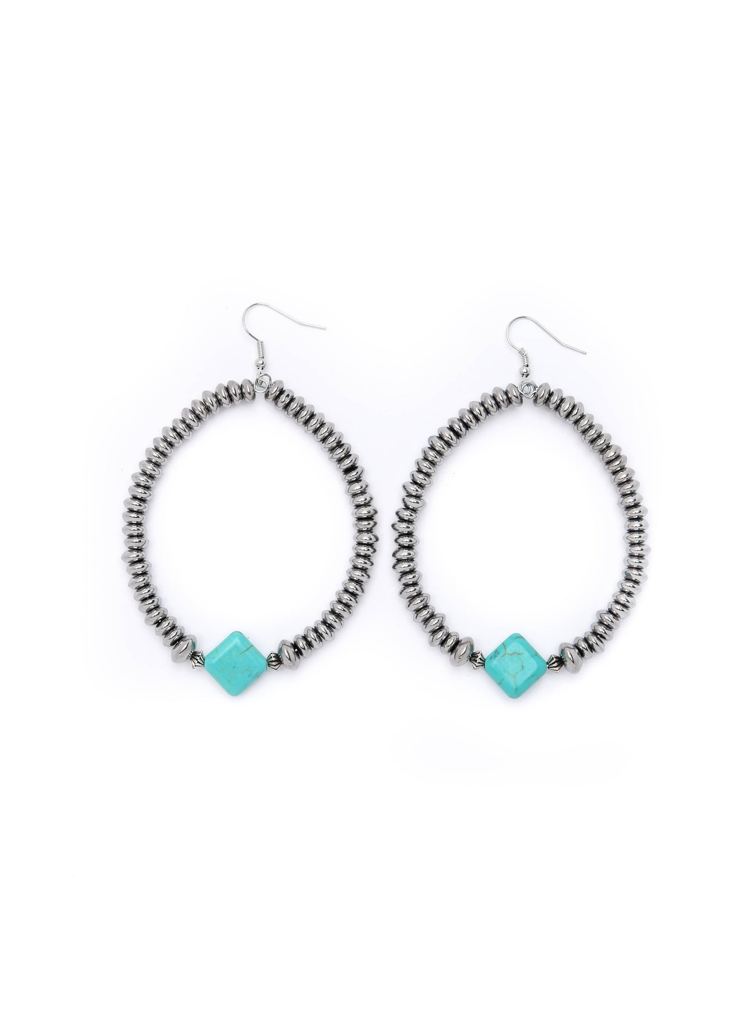 Metallic Silver Dangle Hoop Earring w/ Turq Diamond Accent