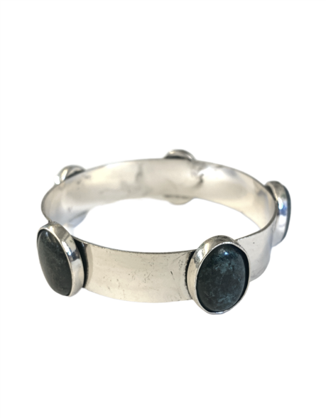 SALE!! Burnished silver Bangle with 5 DARK Turquoise Oval