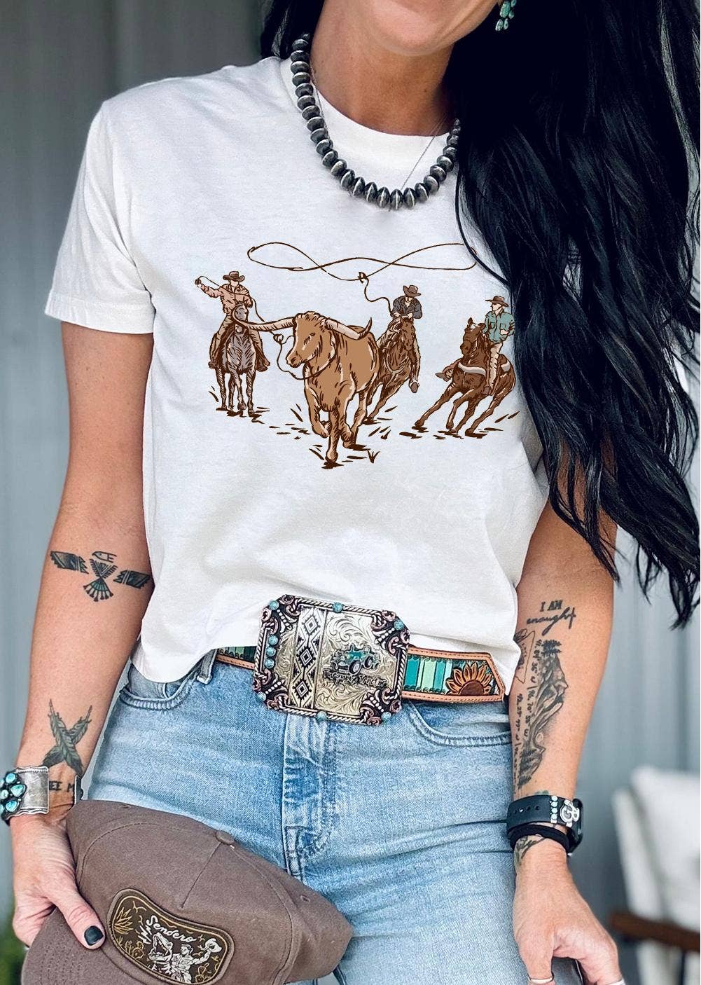 White Retro Cowboy Roping Cotton Blend Graphic Tee: White / S