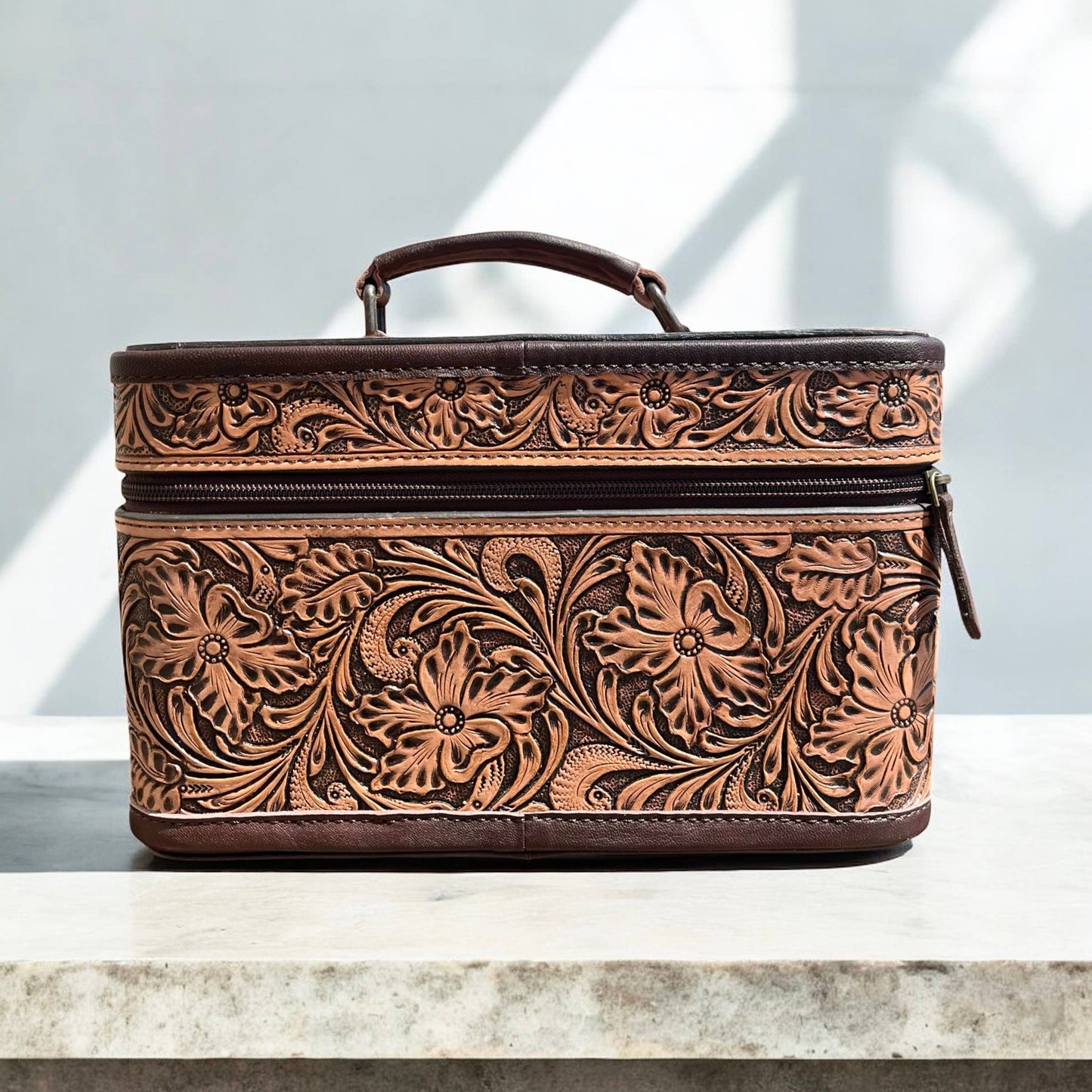 Brown tooled & cowhide jewelry box
