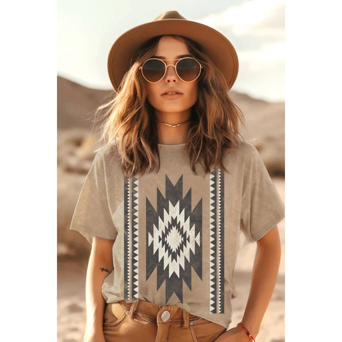 NAVAJO INSPIRED GEOMATRIC MINERAL GRAPHIC TOP: Mineral Oatmeal
