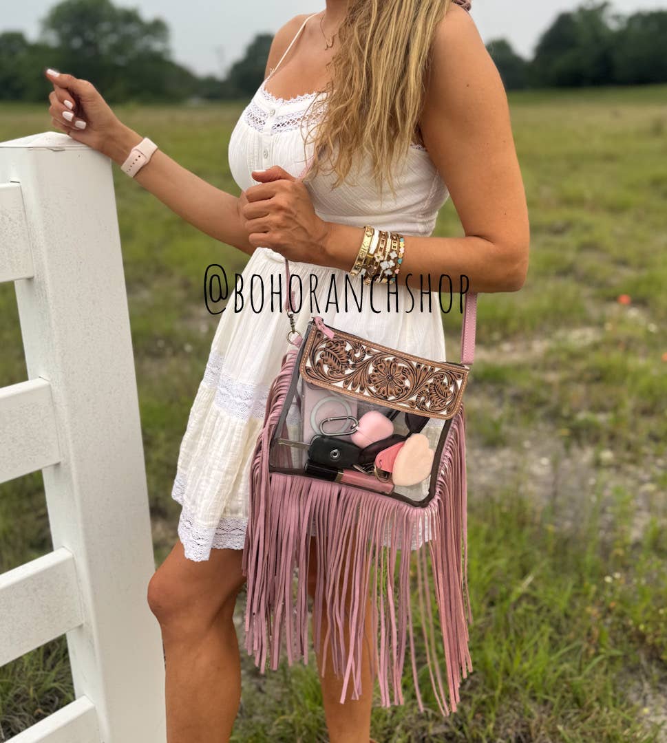 Hand Tooled Clear Purse Crossbody - Concert Game Day Stadium: BROWN/ PINK