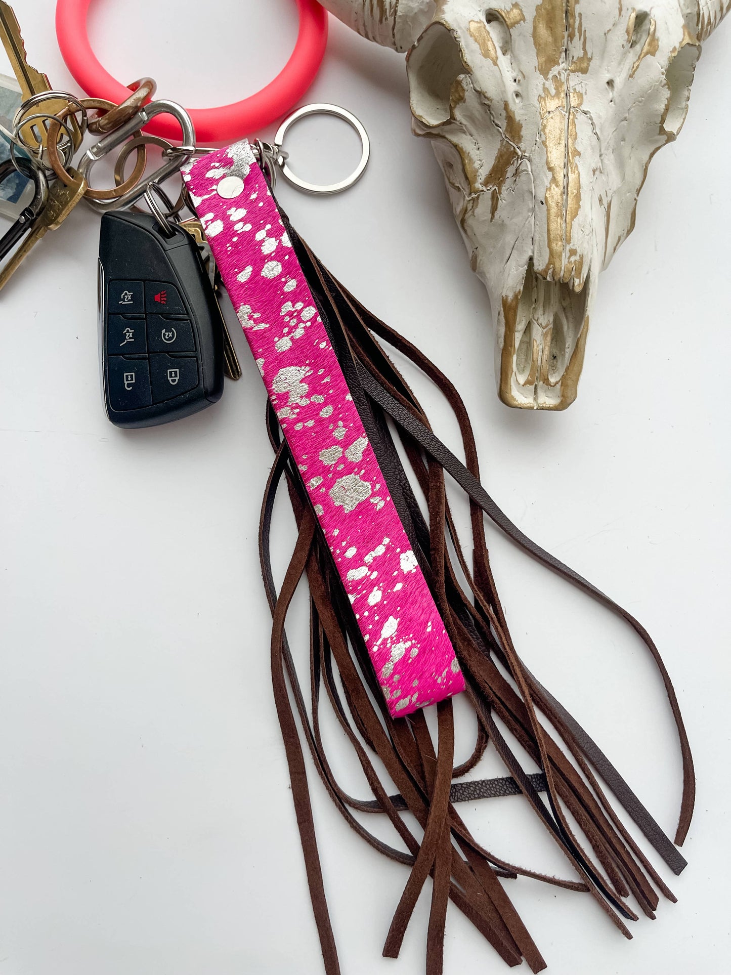 Cowhide Leather Fringe Tassel Keychain: WHITE + TURQUOISE