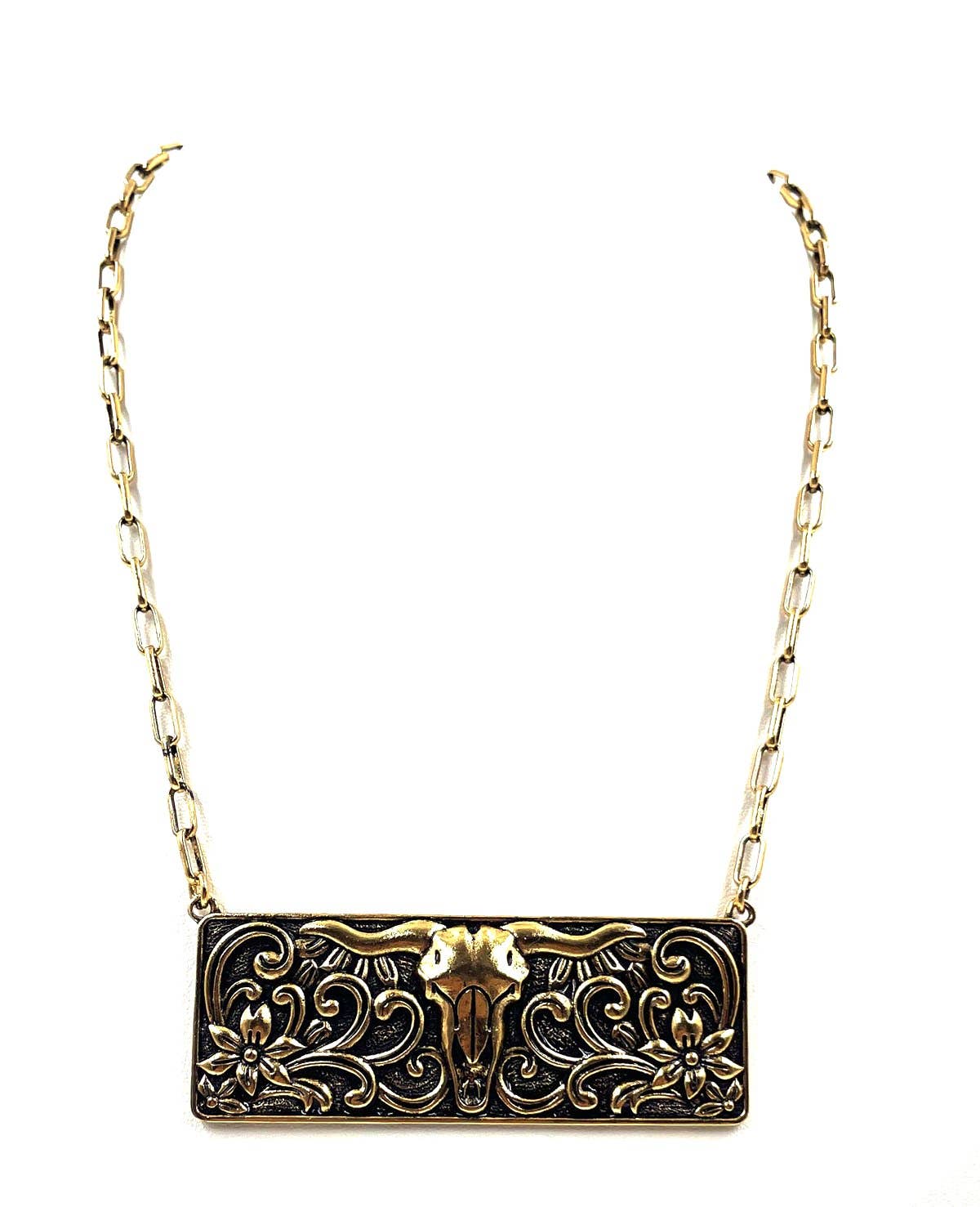 Western Steer Head Metal Plate Necklace: Silver