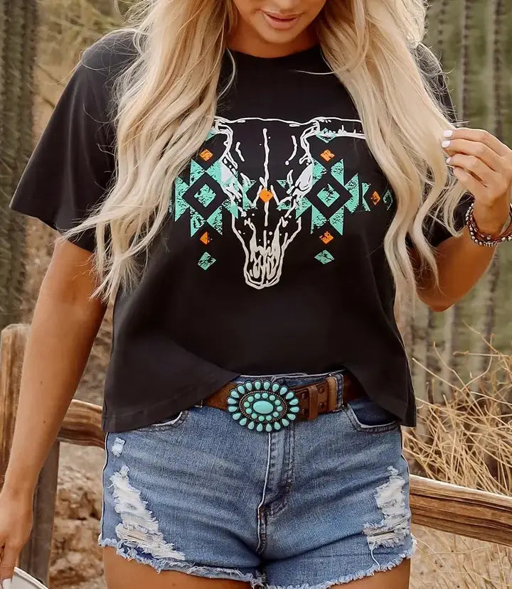 Carbon Grey Vintage Western Bull Head Skull Turquoise Aztec Graphic T Shirt: Carbon Grey / 95%Cotton+5%Elastane / M