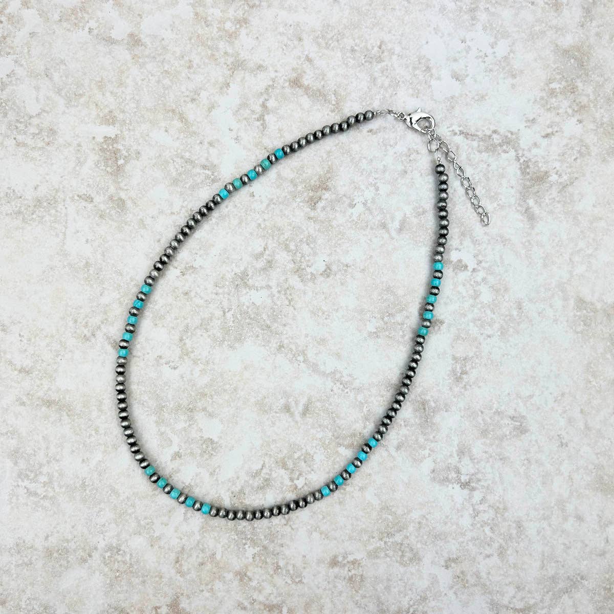 NKS230603-03-BLUE "16 inches 4mm blue turquoise stone with silver Navajo pearl bead Necklace"
