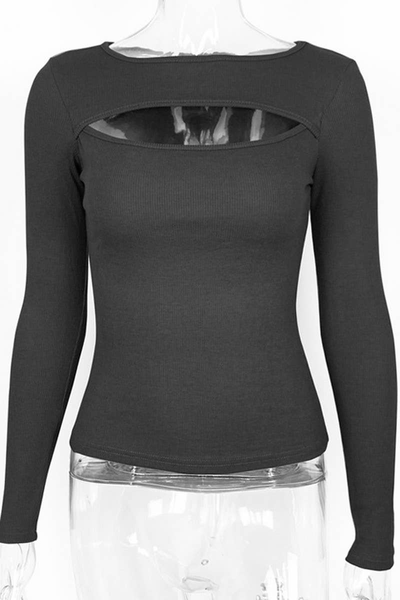 CWTBLL3780_RIBBED CUTOUT SLIM FIT LONG SLEEVE TOP: BLACK / (S) 1