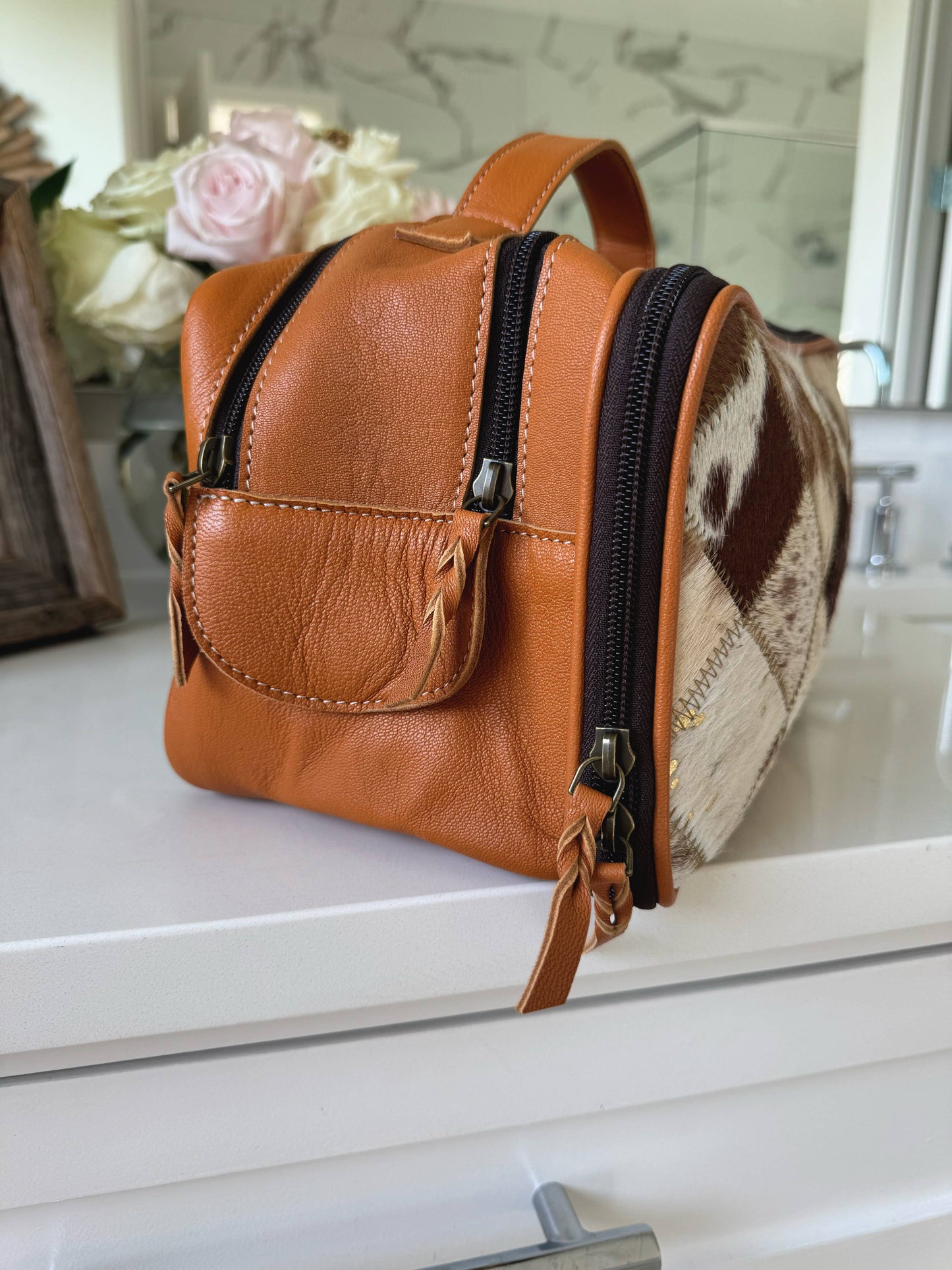 COWHIDE COSMETICS TRAVEL bag Genuine Hair On Leather makeup: BLACK + WHITE COWHIDE