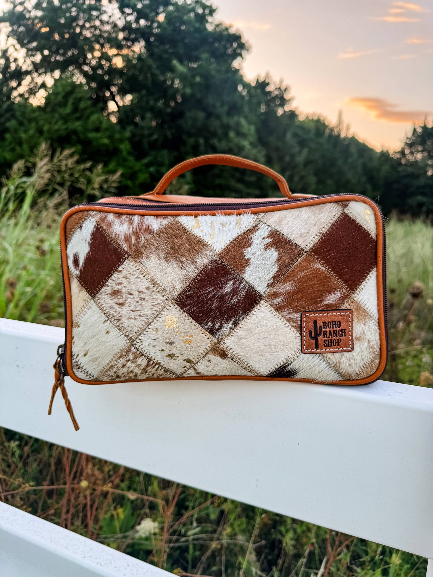 COWHIDE COSMETICS TRAVEL bag Genuine Hair On Leather makeup: BLACK + WHITE COWHIDE