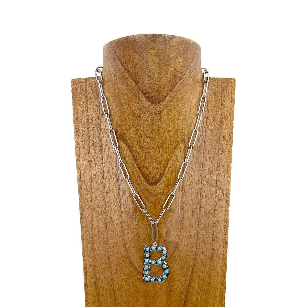 NKZ231125B-01                      20 inches silver metal chain with blue turquoise stone letter B Necklace: BLUE