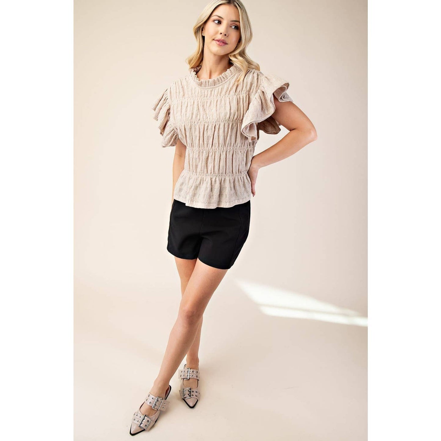 NEW Ruched Flutter Sleeve Top: BLACK / S
