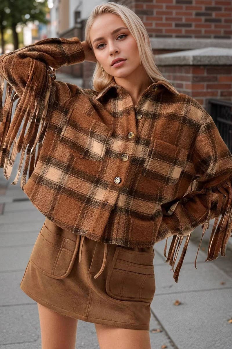 VINTAGE PLAID SLEEVES WITH SIDE FRINGE LONG SLEEVE: KHAKI