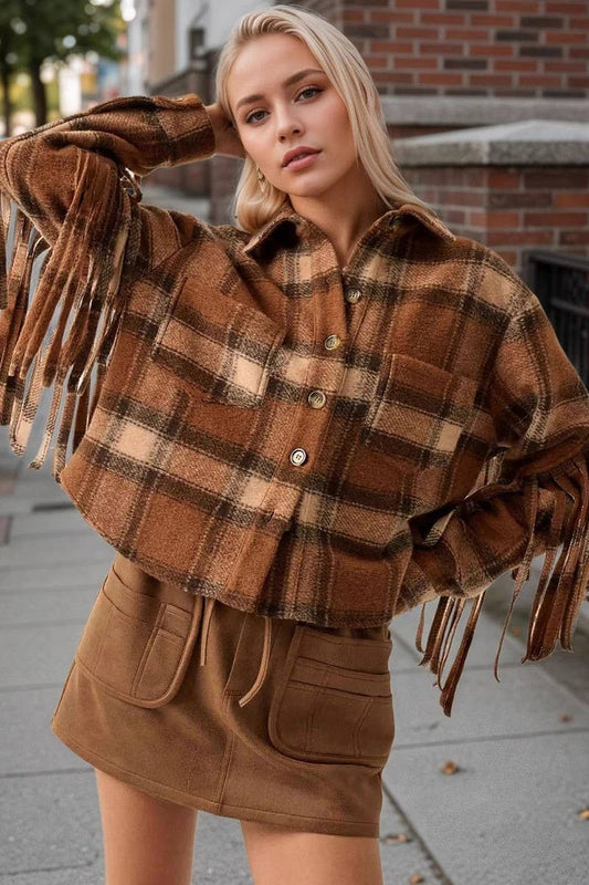 CWOCO1273_VINTAGE PLAID SLEEVES WITH SIDE FRINGE LONG SLEEVE: KHAKI / (L) 1
