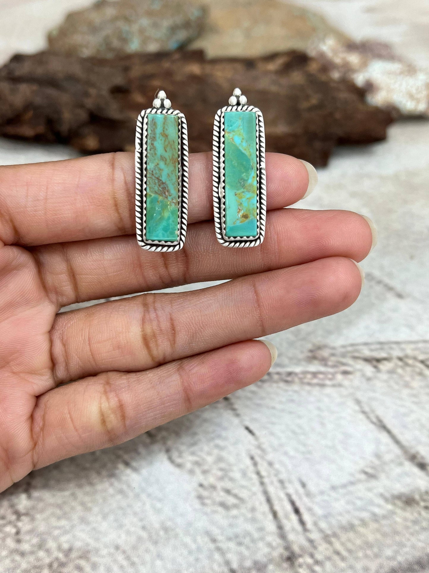 Handmade Sterling Silver Kingman Turquoise Post Studs with Signed Nizhoni: Kingman Turquoise / Studs
