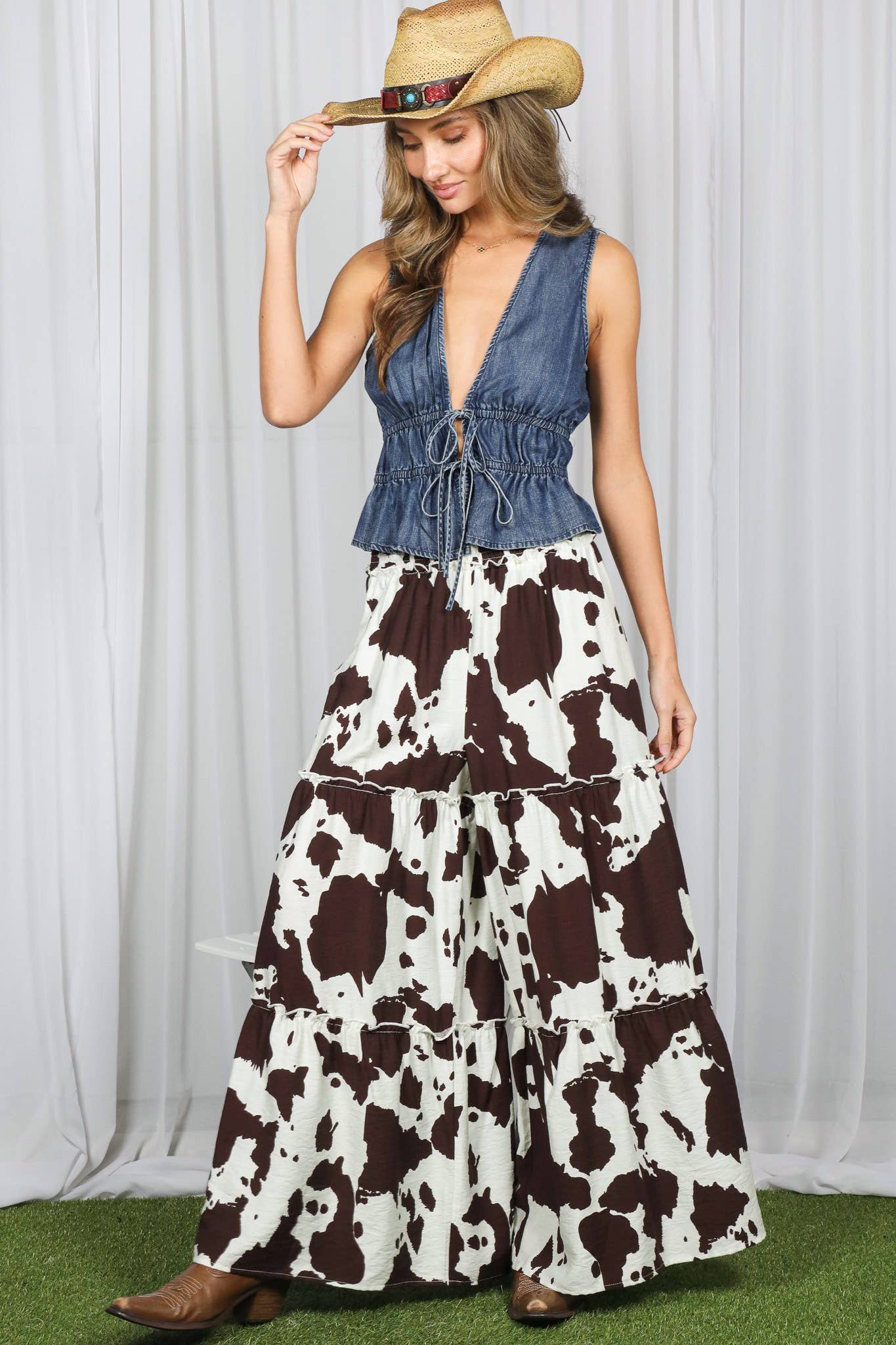 Western-Inspire Sleeveless Tie Front 100%Tencel Vest Denim Blue