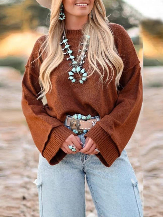 Western Cowboy flare sleeve knit sweater pullover in brown: Brown / XL