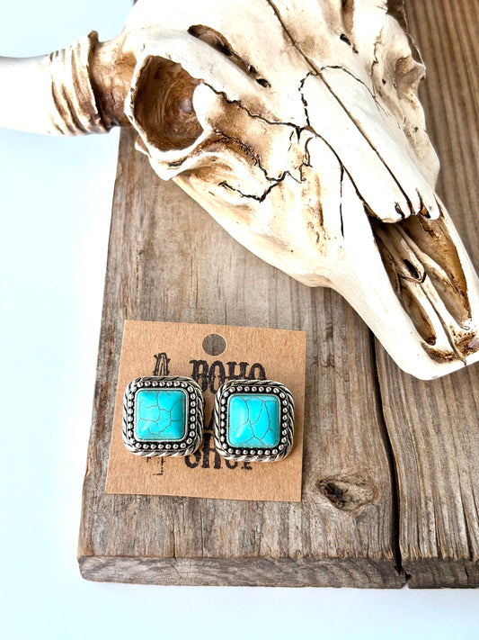 Western Turquoise Stone Square Stud Earrings
