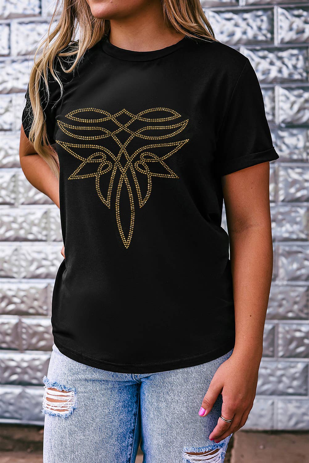 Rhinestone Western Pattern Cotton Blend Graphic T Shirt: Black