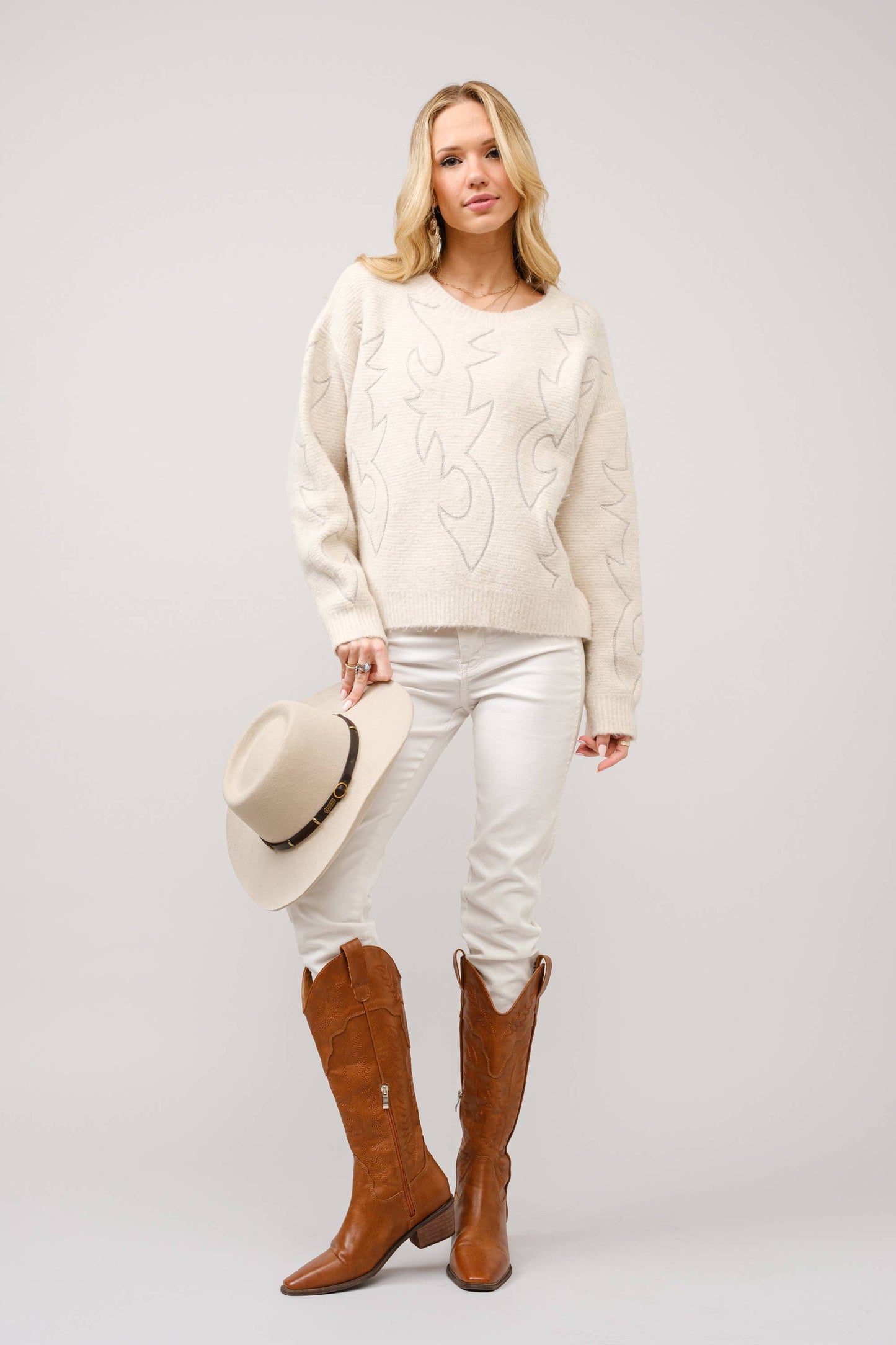 Western Boots Stitch Pattern Crew Neck Sweater: CREAM