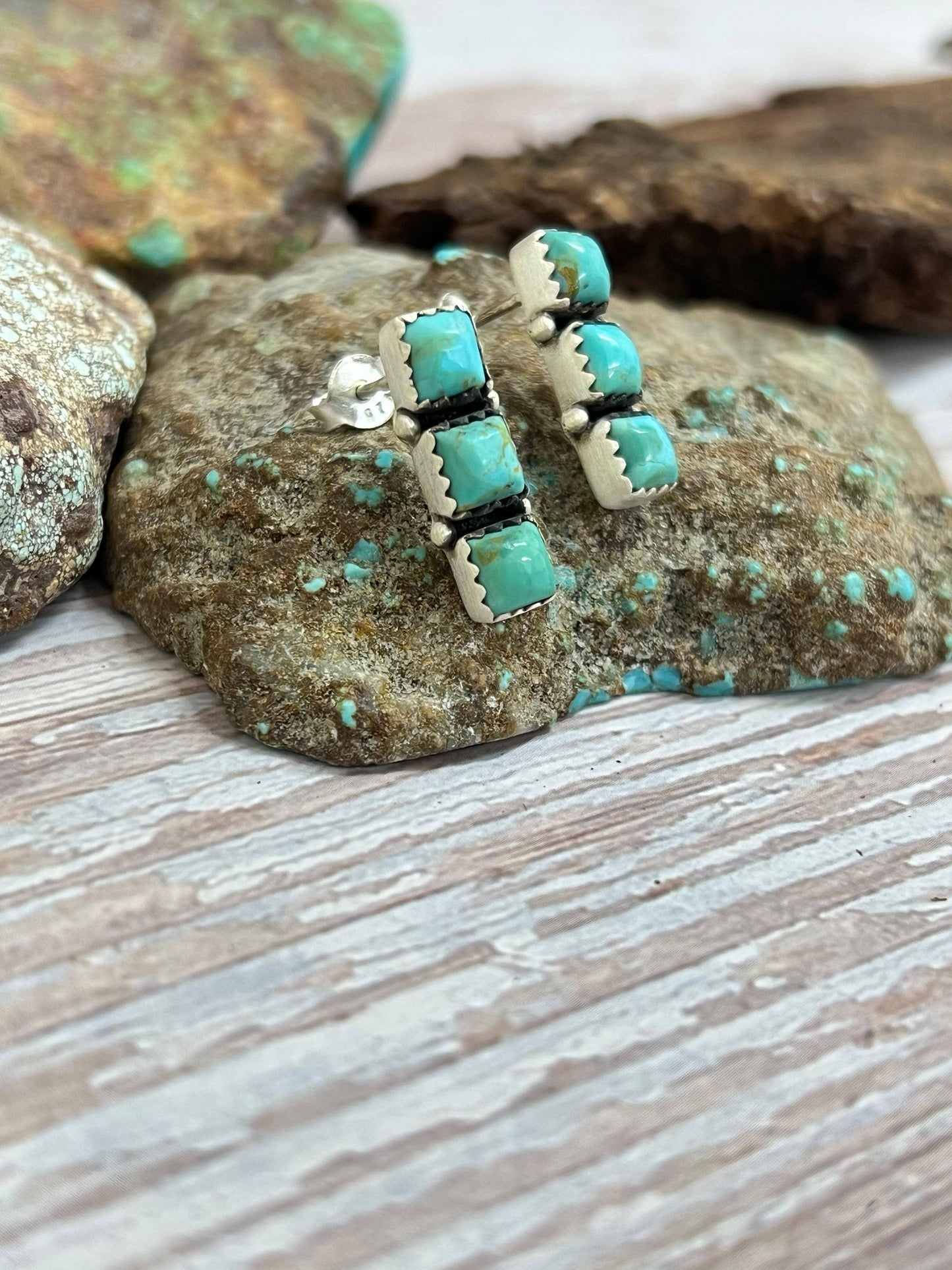 Handmade Sterling Silver Kingman Turquoise Post Studs with Signed Nizhoni: Kingman Turquoise / Studs