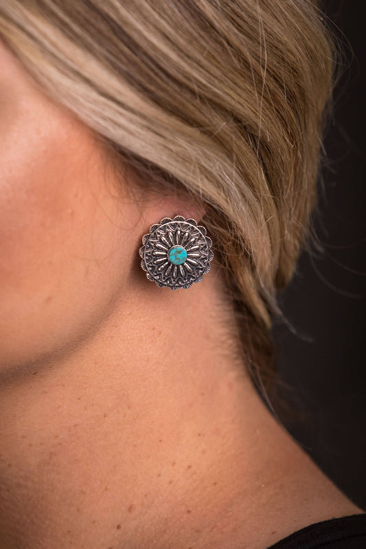 Burnished Silver Flower Concho Post Earring w/ Turquoise