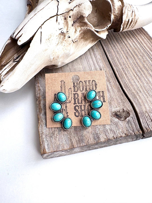 Western Cluster Squash Blossom Stone Stud Earrings: Turquoise
