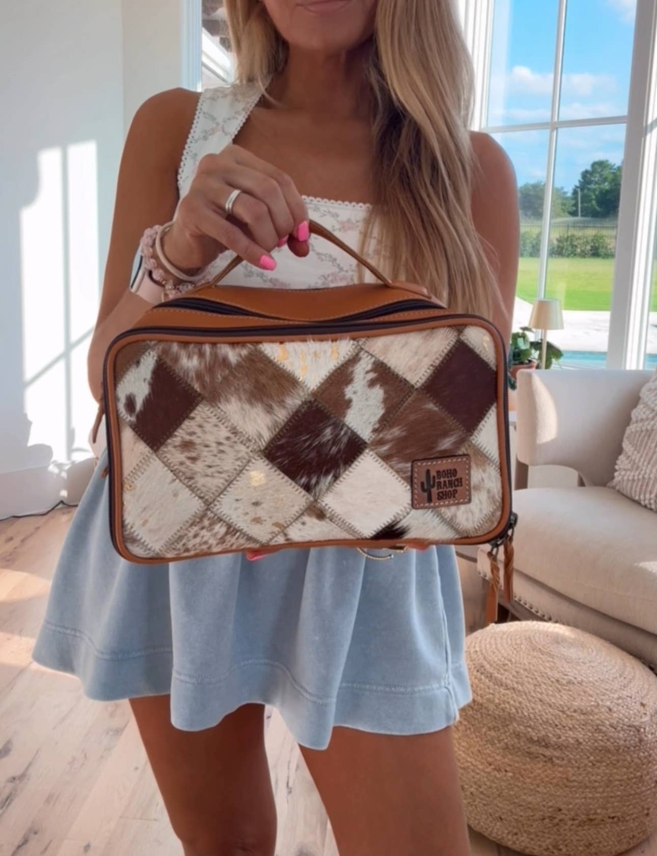 COWHIDE COSMETICS TRAVEL bag Genuine Hair On Leather makeup: BLACK + WHITE COWHIDE