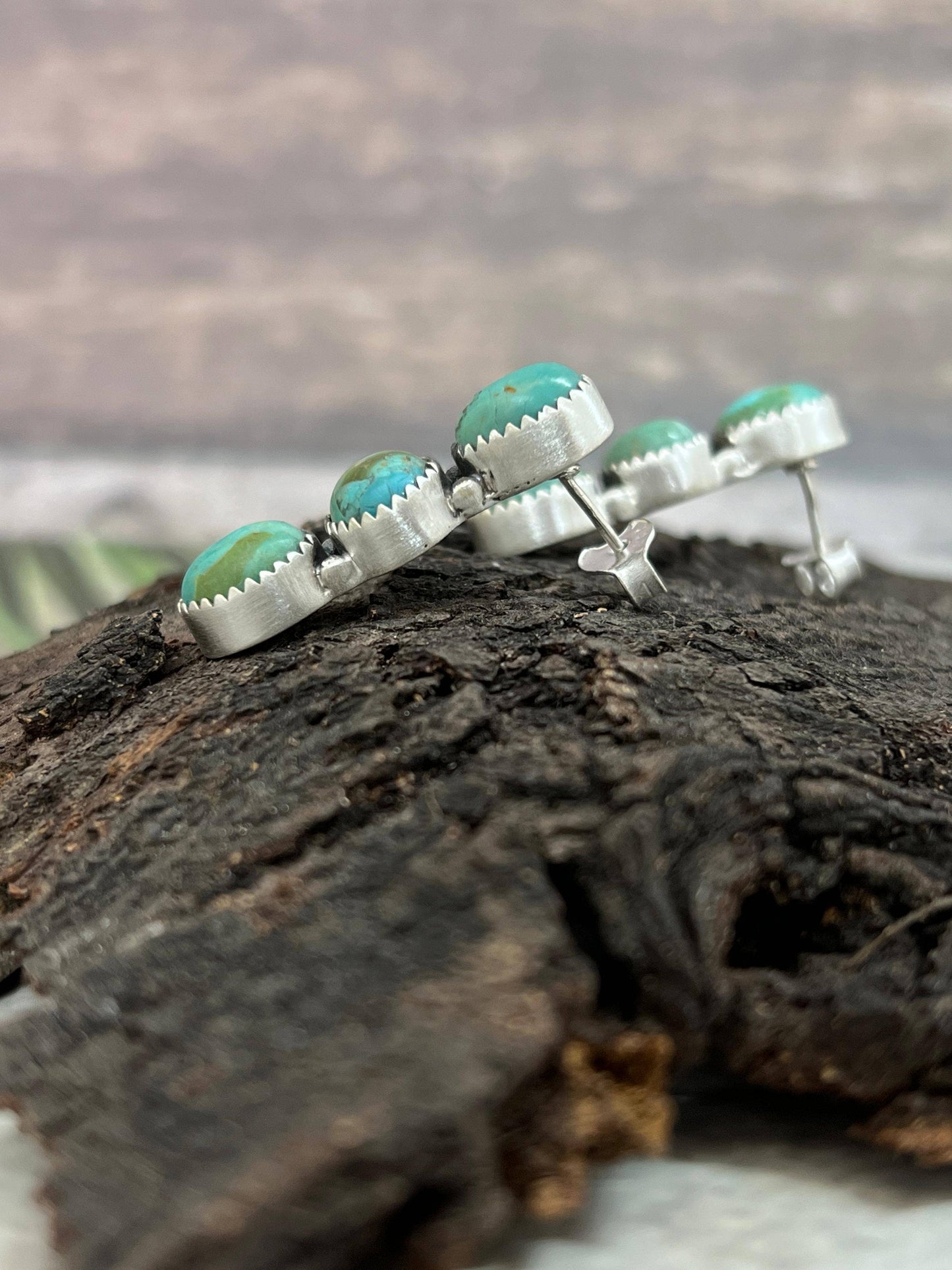 Handmade Sterling Silver Kingman Turquoise Post Dangle Earrings, Signed Nizhoni: Kingman Turquoise / Dangle