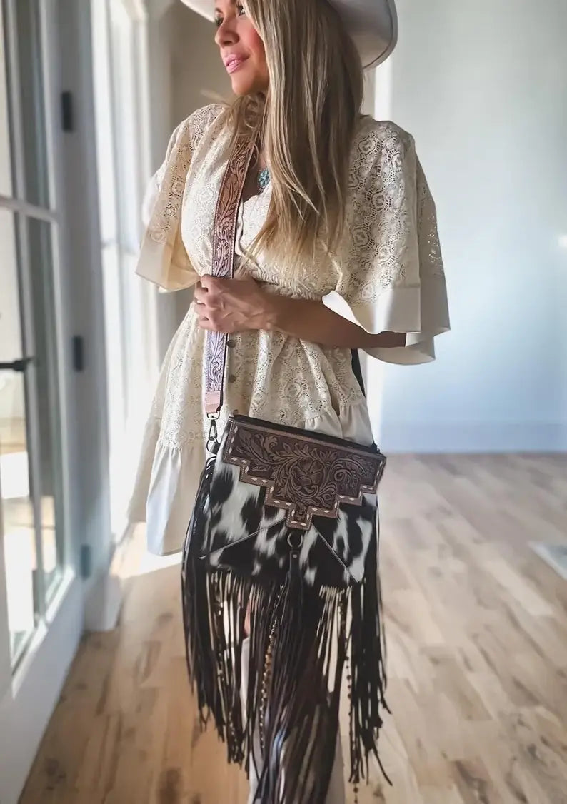 DIXIE CROSSBODY cowhide Western Tooled Leather fringe purse: BROWN + WHITE COWHIDE