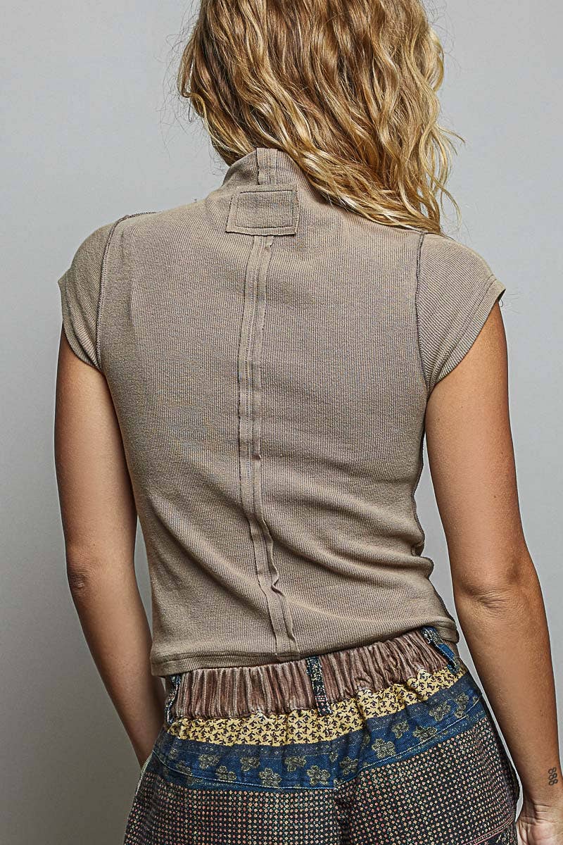 Vintage Wash Solid Overlock Stitch Mock Neck Knit Top SALE: TAUPE / M