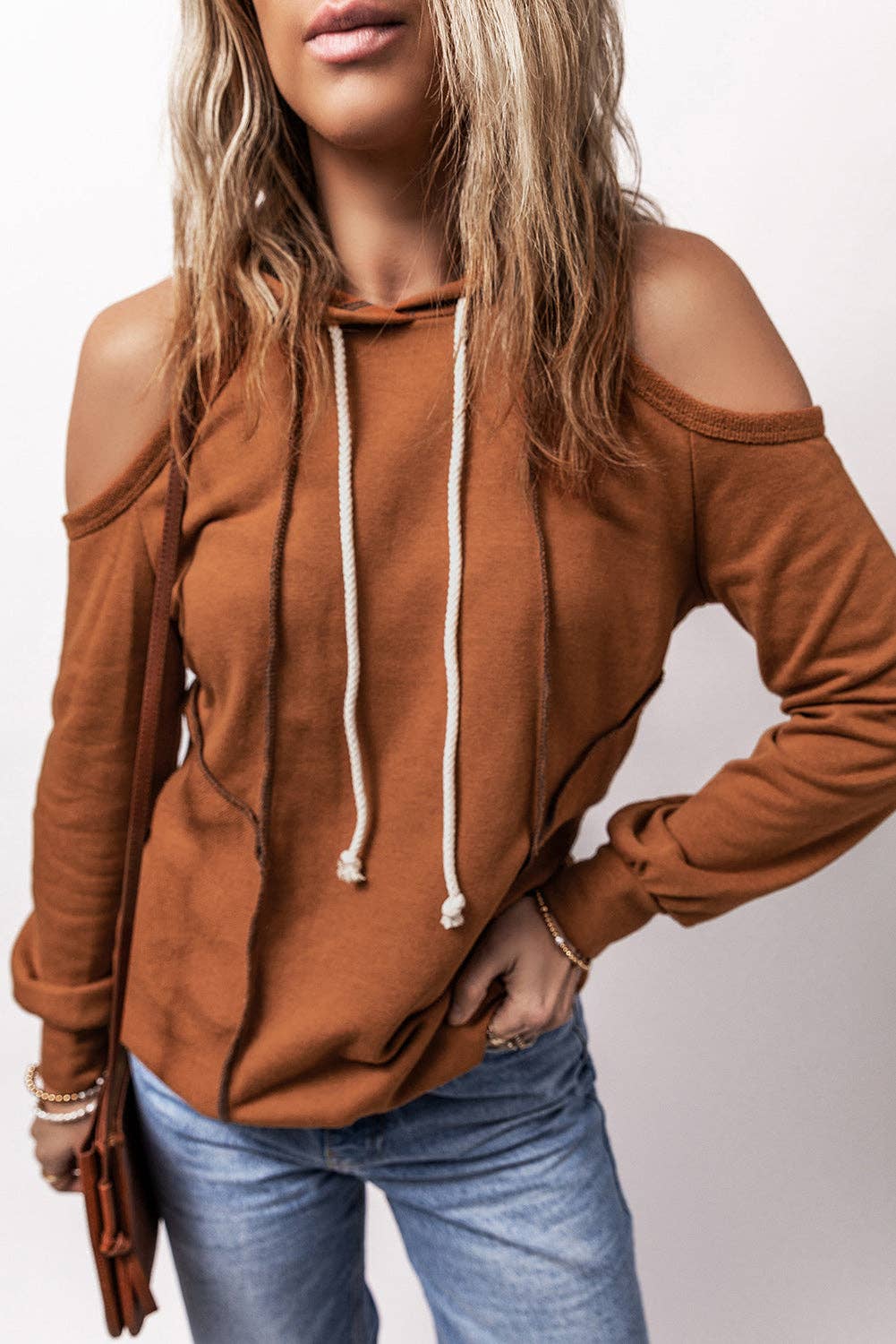 Solid Cold Shoulder Drawstring Hoodie: Cinnamon / S