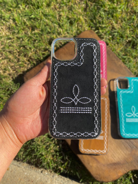 Pink Boot-Stitch Suede Leather Phone Case : Black / 16 Pro