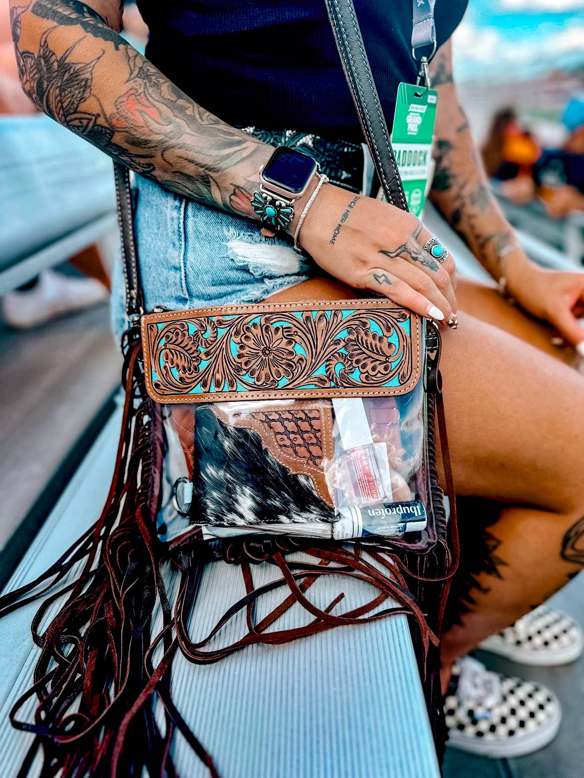 Hand Tooled Clear Purse Crossbody - Concert Game Day Stadium: WHITE/ BLACK