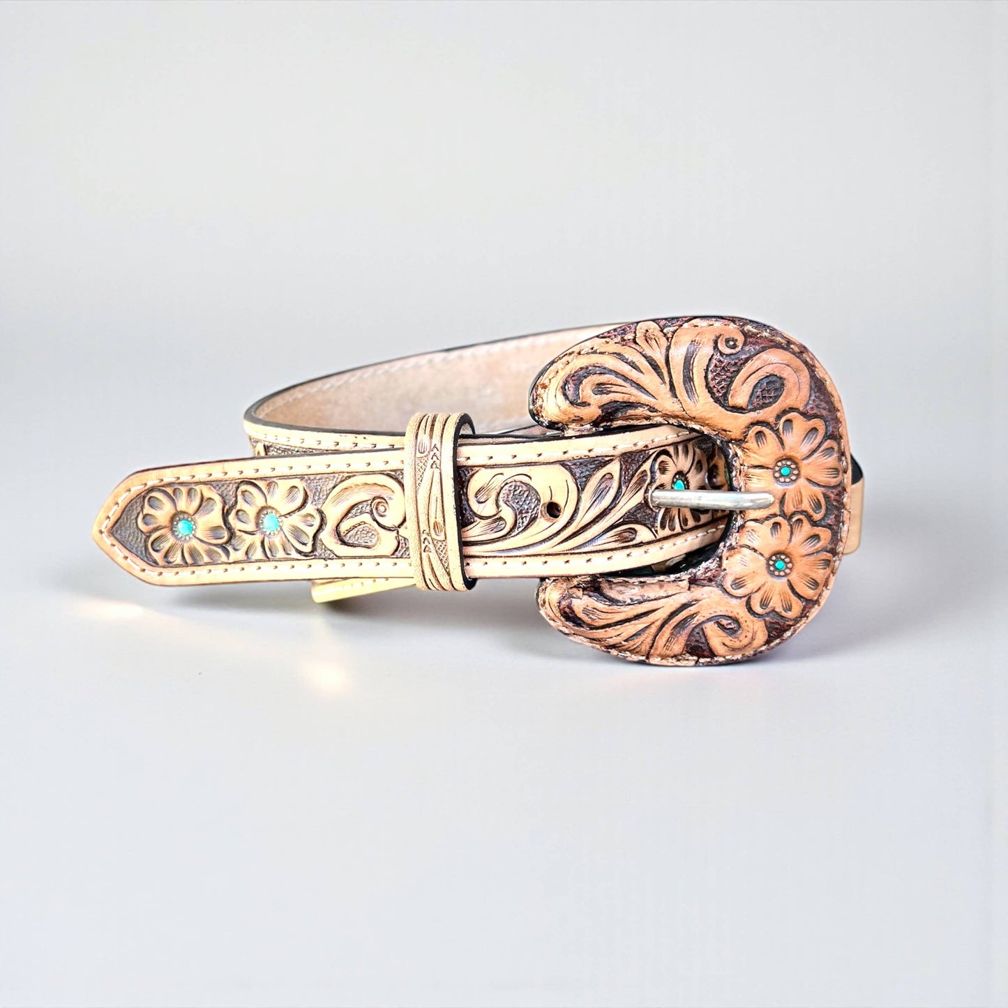 Turquoise blossom tooled leather bag strap 