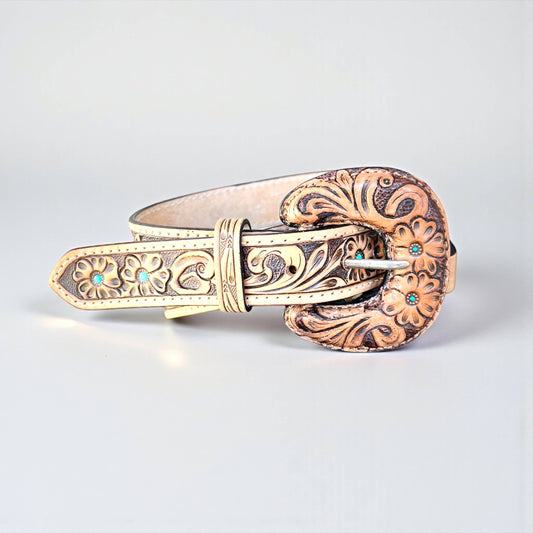 Turquoise blossom tooled leather bag strap 