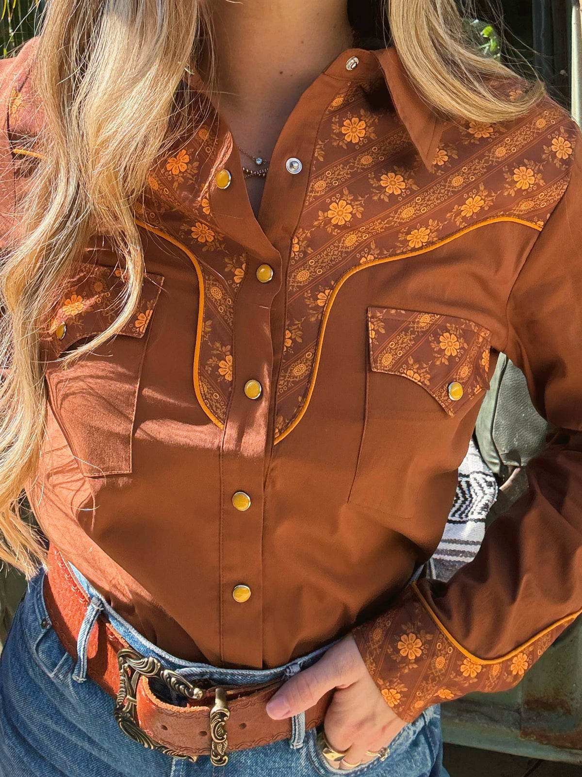John Wayne Western Pearl Snap Button Up Top In Rust : M