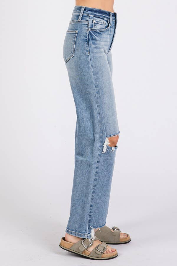 P1371W-MD HIGH RISE STRETCH SLIM WIDE LEG W/ DESTROYED HEM: 13/30