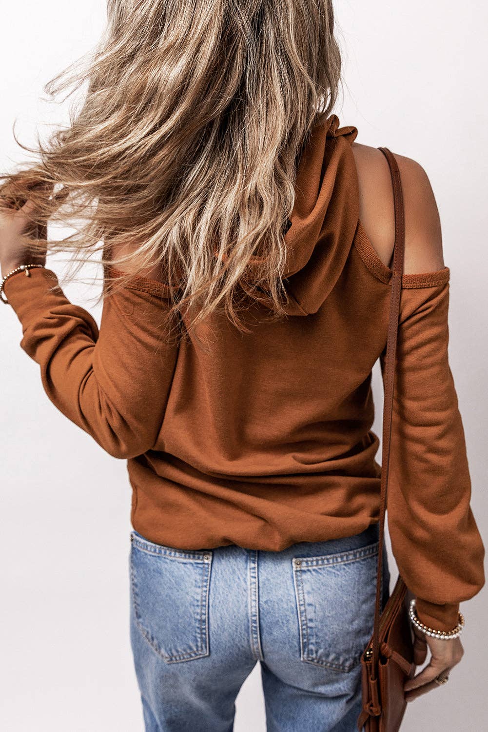 Solid Cold Shoulder Drawstring Hoodie: Cinnamon / S