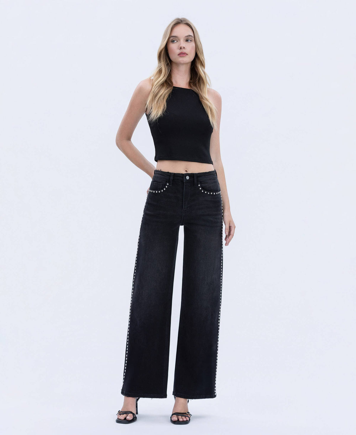 HIGH RISE SILVER DOME NAIL HEAD DETAIL WIDE JEANS V3712BK: Black / 28