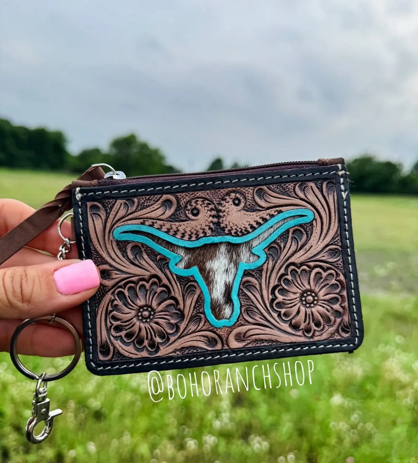 Western Cowhide Leather Keychain Wallet Longhorn Thunderbird: LONGHORN