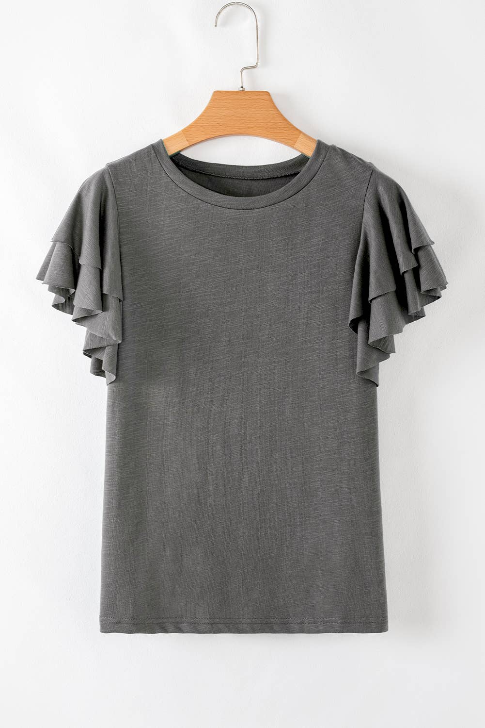 Layered Ruffle Short Sleeve Round Neck Top: Dark Grey / S