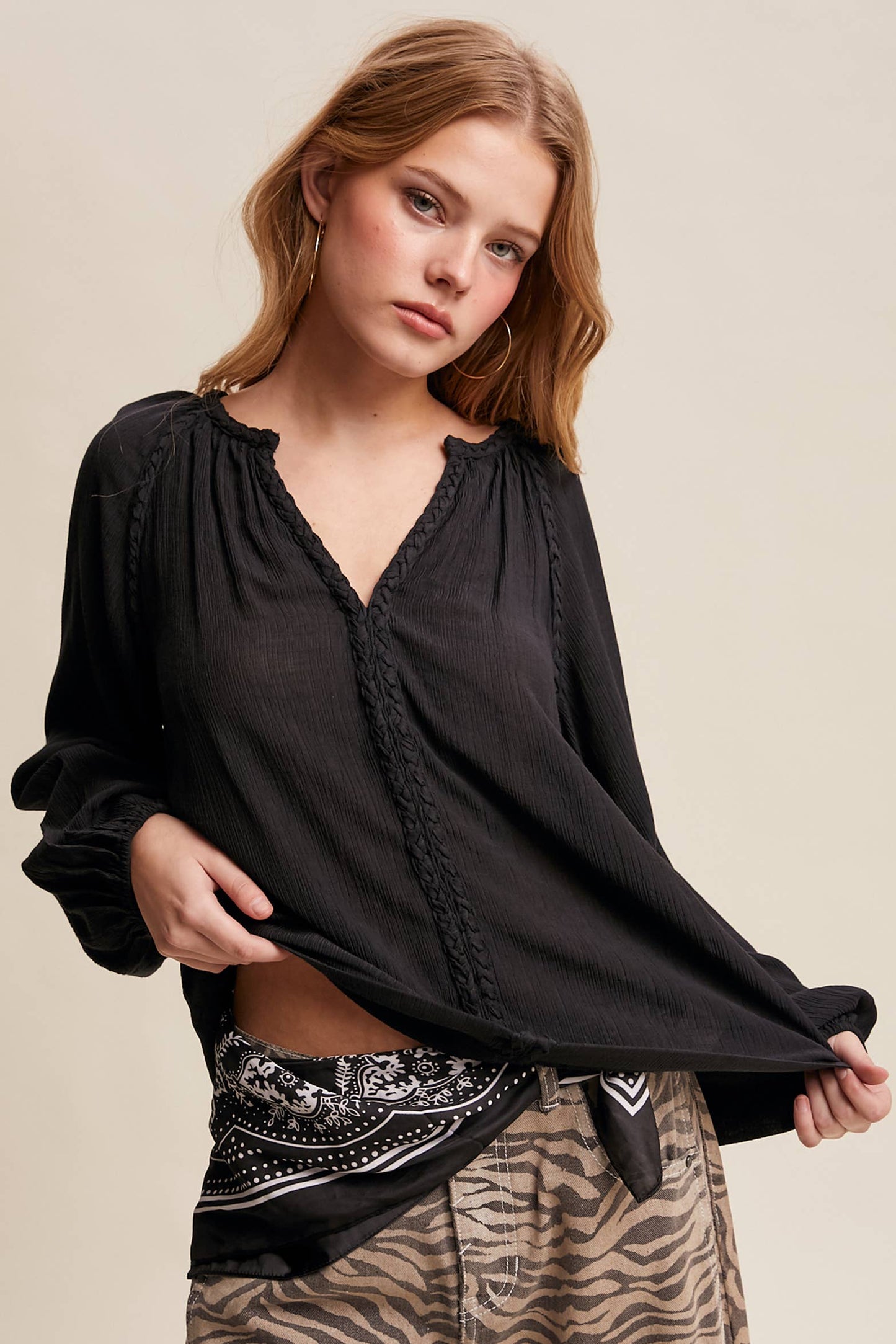 Braided Trim Peasant Blouse LT1447: Ecru / Contemporary / S
