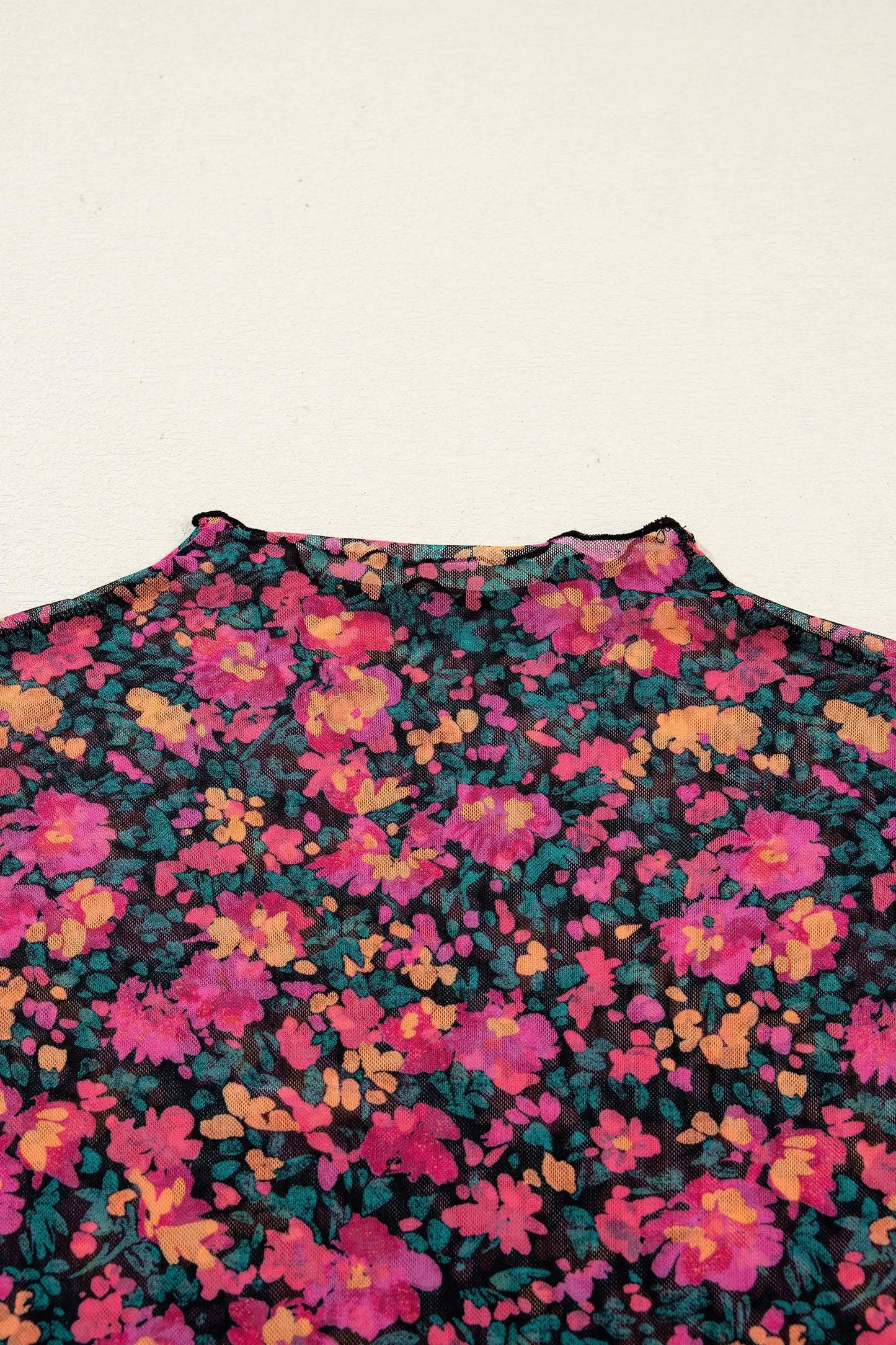 Slim Fit Floral Mesh Long Sleeve Mock Neck Top: Rose