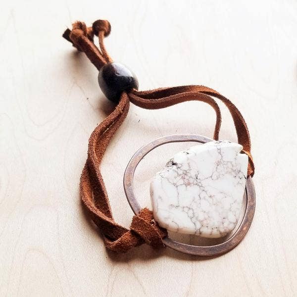 White Turquoise Bracelet w/ Stone Slab Adjustable Ties 010h