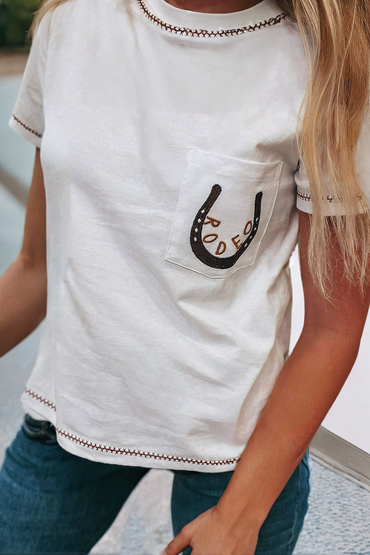 LDC RODEO Horseshoe Embroidered Patch Pocket T Shirt: White