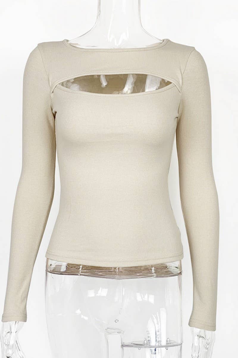 CWTBLL3780_RIBBED CUTOUT SLIM FIT LONG SLEEVE TOP: BLACK / (M) 1