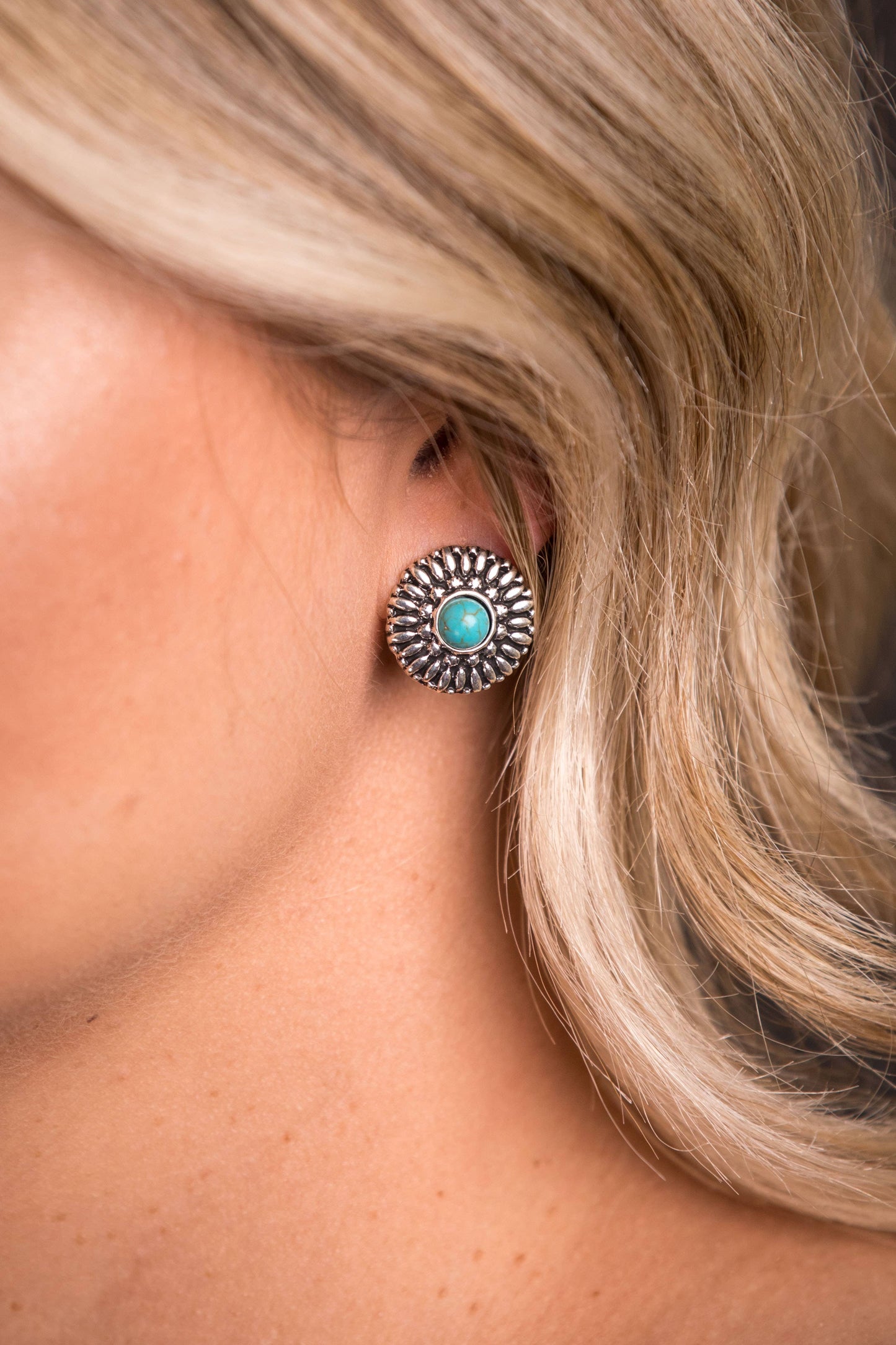 .75" Silver Flower Stud Earring with Turquoise Accent