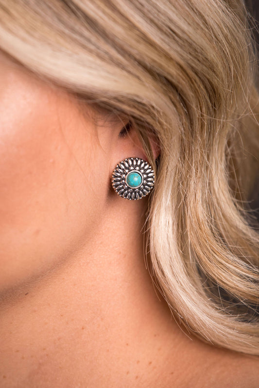 .75" Silver Flower Stud Earring with Turquoise Accent