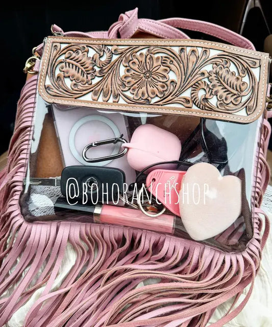 Hand Tooled Clear Purse Crossbody - Concert Game Day Stadium: BROWN/ PINK
